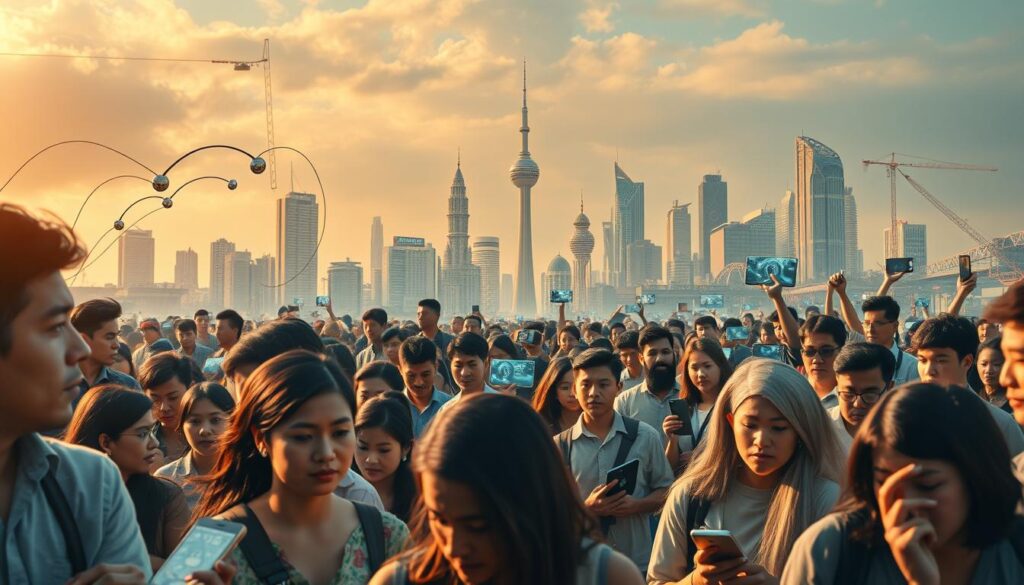 A bustling digital community, framed against a backdrop of towering digital infrastructure. In the foreground, diverse individuals navigate a complex web of social media and online interactions, their expressions reflecting the challenges and opportunities of the digital age. The middle ground showcases the rapid technological advancements, with sleek devices and data streams intertwining. In the background, a skyline of futuristic towers and pulsing networks symbolizes the ever-evolving digital landscape. Warm lighting casts a contemplative glow, inviting the viewer to ponder the societal impacts and the ongoing quest for balance in this dynamic cybercommunity. Crisp, cinematic composition with a sense of depth and motion, capturing the essence of the "Dampak dan Tantangan Cybercommunity".