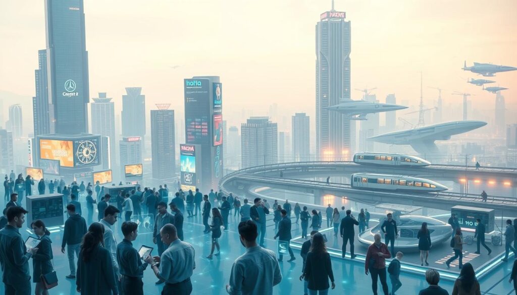 A bustling digital community thrives in a futuristic cityscape. In the foreground, a diverse group of individuals interact with holographic interfaces, collaborating on innovative projects. Midground features towering skyscrapers adorned with neon signage and digital billboards, casting a warm glow across the scene. In the background, a sprawling network of transportation systems, including autonomous hovercrafts and levitating trains, weave through the urban landscape. Soft, diffused lighting creates an atmosphere of productivity and progress, while subtle hues of blue, purple, and green evoke a sense of technological harmony. The overall composition conveys the dynamic, interconnected nature of modern digital communities.