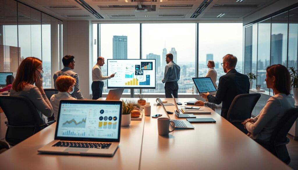 A bustling office with a team of business professionals actively engaged with various digital devices and screens, showcasing the integration of information and communication technologies in their daily operations. Soft, warm lighting illuminates the workspace, creating a productive and collaborative atmosphere. In the foreground, a laptop displays a digital dashboard with graphs and analytics, highlighting the data-driven decision-making processes enabled by advanced IT solutions. In the middle ground, colleagues are seen brainstorming and sharing ideas, facilitated by interactive whiteboards and video conferencing tools. The background features a panoramic view of the city, symbolizing the global connectivity and reach enabled by modern communication networks. The overall scene conveys the tangible benefits of leveraging information and communication technologies to enhance business efficiency, productivity, and competitiveness.