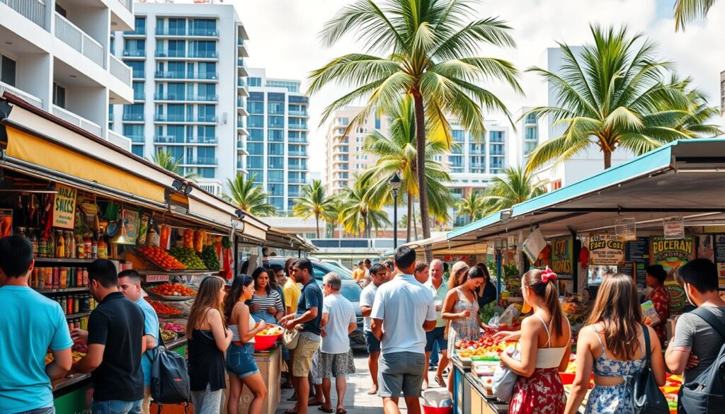 A busy outdoor food market in Miami, Florida, filled with vibrant stalls selling a variety of inexpensive local cuisine. In the foreground, a group of diverse patrons peruse the colorful displays of fresh produce, spices, and prepared dishes. Vendors in the middle ground offer samples and converse with customers, creating a lively atmosphere. In the background, a mix of modern and historic architecture provides a scenic urban backdrop, with palm trees swaying gently in the warm, sunny weather. The scene conveys a sense of a thriving, budget-friendly culinary scene that celebrates Miami's diverse cultural influences.