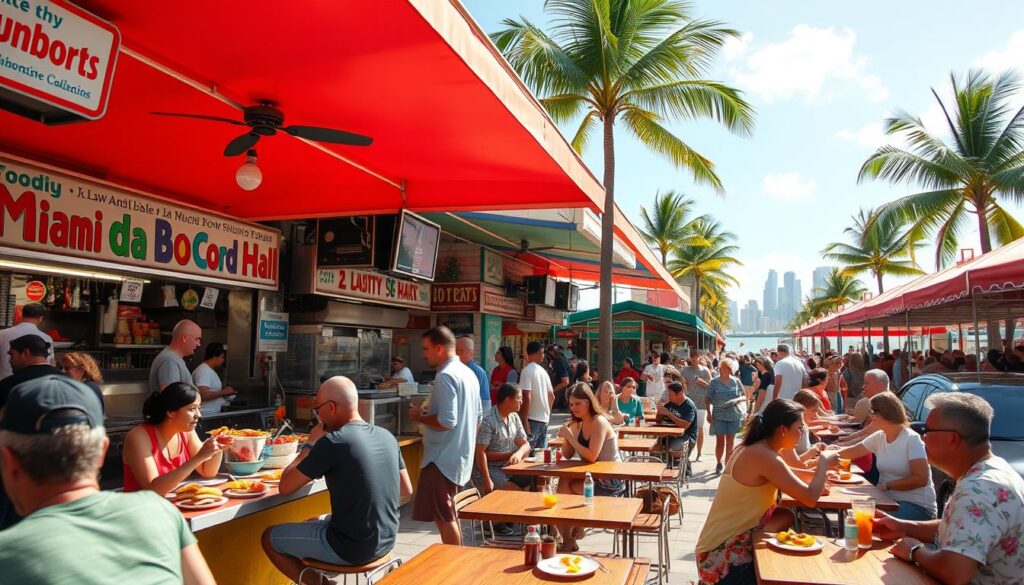 A lively outdoor scene of a iconic Miami food hall, bustling with locals and tourists alike enjoying affordable yet mouthwatering cuisine. The sun-drenched space features colorful food stalls and vendors, with a vibrant Latin-inspired atmosphere. In the foreground, patrons dine on tasty sandwiches, tacos, and other regional specialties at communal tables. In the middle ground, chefs expertly prepare fresh dishes behind the counter. In the background, palm trees sway and the city skyline peeks through, hinting at Miami's unique blend of coastal and urban elements. The scene is captured with a wide-angle lens, creating an immersive and inviting perspective that showcases the energy and character of this affordable yet legendary local dining destination.