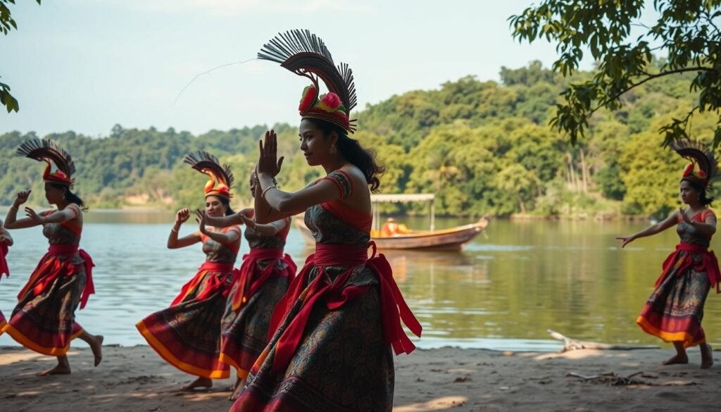 A lively scene of traditional &quot;penari pacu jalur&quot; dancers performing on a tranquil riverbank. In the foreground, a group of vibrant, energetic dancers adorned in intricately patterned costumes and headdresses gracefully move to the rhythm of traditional music. The middle ground features a picturesque wooden boat, called a &quot;jalur,&quot; gently floating on the calm, reflective waters. In the background, lush, verdant foliage and a clear blue sky create a serene, natural backdrop, evoking a sense of cultural heritage and connection to the environment. The lighting is warm and golden, casting a soft, atmospheric glow over the entire scene, conveying a celebratory and joyful mood.