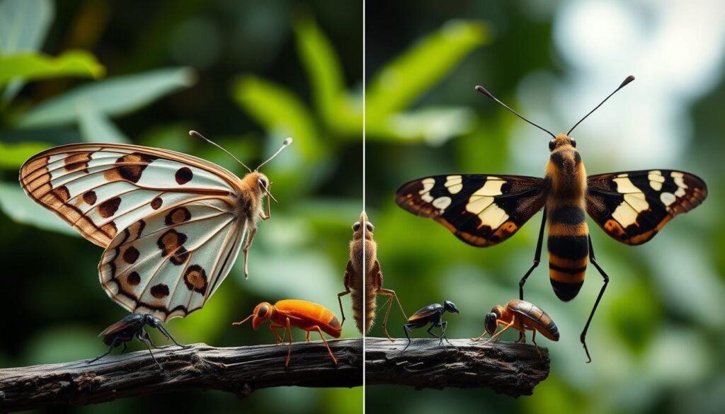 A meticulously composed side-by-side comparison of the distinct physical features and behaviors of the Lepidoptera order (butterflies and moths) against those of other major insect orders. Showcased in a lush, naturalistic scene with crisp, cinematic lighting and a shallow depth of field. Prominent specimens from Lepidoptera and contrasting orders delicately poised in the foreground, with a softly blurred, verdant foliage backdrop. Every detail precisely rendered to highlight the unique adaptations and evolutionary divergences between these fascinating insect lineages. An authoritative, visually compelling reference to support the article's exploration of Lepidoptera's distinguishing characteristics.