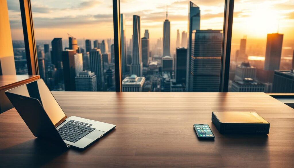A modern, sleek office interior with a large panoramic window overlooking a vibrant cityscape. In the foreground, an elegant wooden desk with a high-end laptop, tablet, and smartphone showcasing various productivity and communication apps. The middle ground features cutting-edge IT equipment like a server rack, network switches, and IoT sensors, all seamlessly integrated into the workspace. The background is filled with a dynamic city skyline, with skyscrapers and futuristic architecture bathed in warm, golden sunset lighting. The overall scene conveys a sense of technological innovation, efficiency, and the convergence of digital tools to empower and support a thriving business.