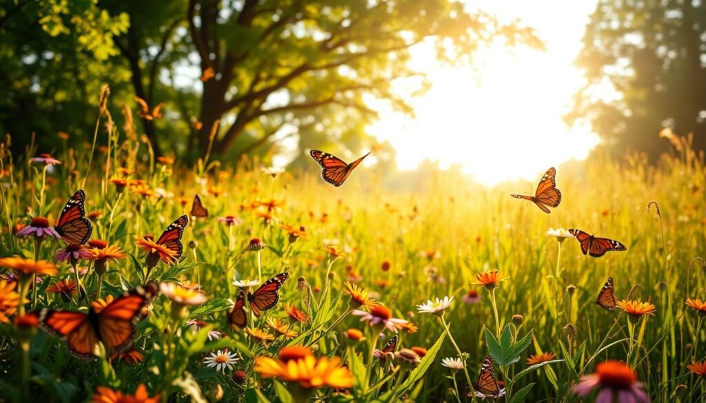 A serene meadow, bathed in warm, golden sunlight, where a diverse array of Lepidoptera species flutter gracefully among the vibrant wildflowers. In the foreground, a group of delicate butterflies, their wings adorned with intricate patterns, rest upon lush foliage. In the middle ground, a pair of Monarch butterflies dance in the gentle breeze, their orange and black hues a testament to the beauty of nature. In the background, a verdant forest canopy provides a tranquil backdrop, suggesting a harmonious ecosystem where these captivating creatures thrive. The scene conveys a sense of tranquility and the importance of preserving the fragile balance of this natural environment.