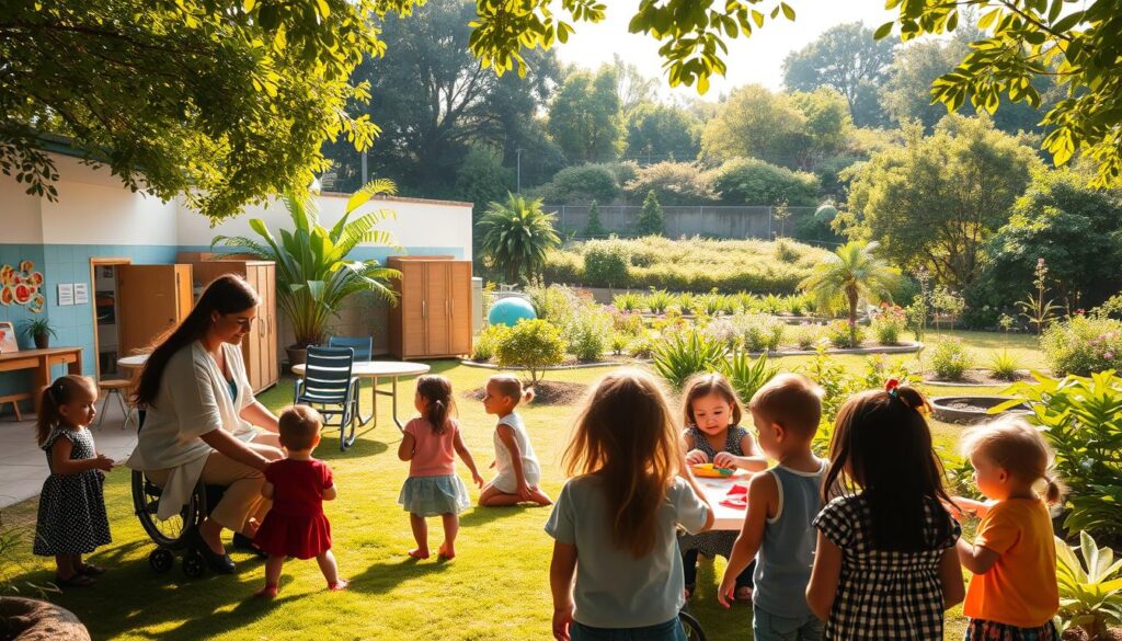 A serene, sun-dappled schoolyard, with a diverse group of children engaged in harmonious play and learning. In the foreground, a teacher guides students through inclusive activities, fostering understanding and acceptance. The middle ground showcases a well-equipped, accessible classroom, its walls adorned with colorful, inclusive artwork. In the background, an expansive, verdant garden provides a tranquil setting, symbolizing the growth and nurturing of an inclusive educational environment. Warm, diffused lighting casts a gentle glow, conveying a sense of compassion and community. The scene emanates a spirit of inclusivity, where every child is empowered to thrive.