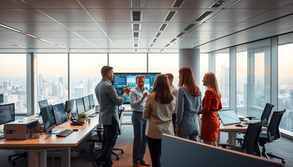A sleek, modern office interior with a focus on collaborative technology infrastructure. In the foreground, a group of professionals gathered around a large interactive display, gesturing and engaged in a lively discussion. Elegant workstations and high-tech equipment line the middle ground, while the background features an expansive, panoramic window overlooking a bustling cityscape. Soft, directional lighting casts a warm, productive glow, complemented by a minimalist color palette of grays, whites, and accents of vibrant, primary colors. The overall atmosphere conveys a sense of innovation, connectivity, and strategic synergy.