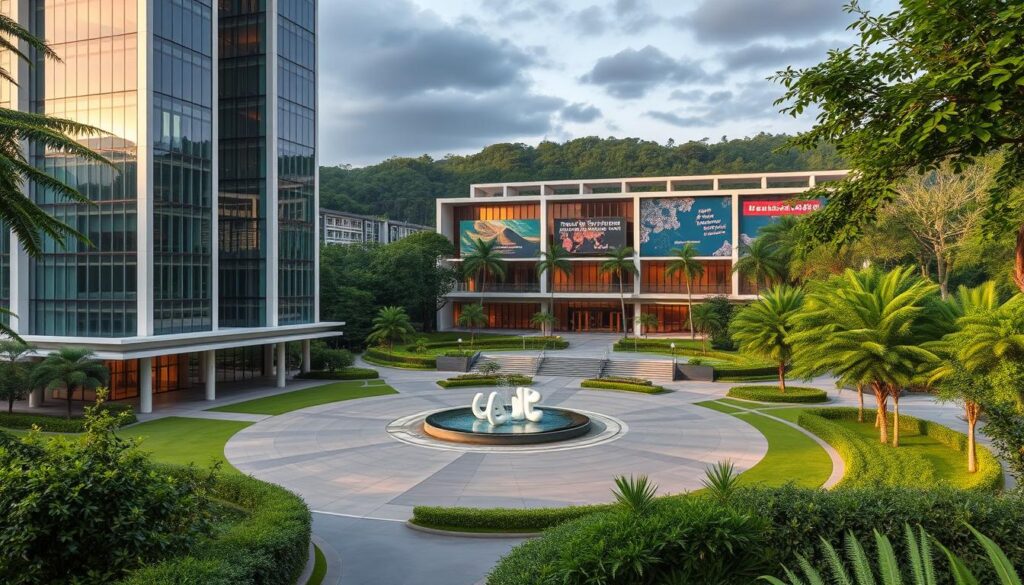A sleek, modern technopark set in the lush, verdant landscape of Central Java. Towering glass-and-steel structures with clean, minimalist architecture stand in elegant contrast to the surrounding greenery. A central plaza features a serene water feature and stylized sculptures, bathed in warm, diffused lighting. In the distance, a state-of-the-art campus building houses cutting-edge AI research labs and classrooms, its façade adorned with dynamic digital displays. The scene exudes an atmosphere of innovation, technology, and sustainable integration with the natural environment.