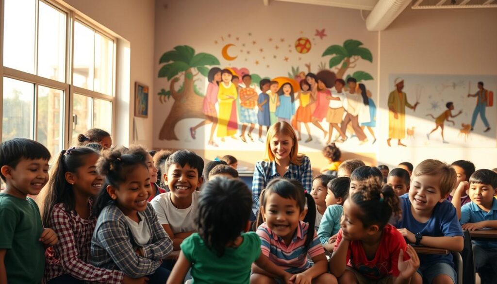 A vibrant and inclusive classroom scene, illuminated by warm natural light filtering through large windows. In the foreground, a diverse group of students of various ages, abilities, and backgrounds engage in collaborative activities, their faces expressing joy and camaraderie. The middle ground features a teacher guiding the class, their body language conveying empathy and patience. The background depicts an inspiring wall mural depicting diverse cultures and communities coming together, symbolizing the inclusive spirit of the environment. The overall mood is one of harmony, acceptance, and a shared sense of belonging, exemplifying the benefits of an inclusive education system.
