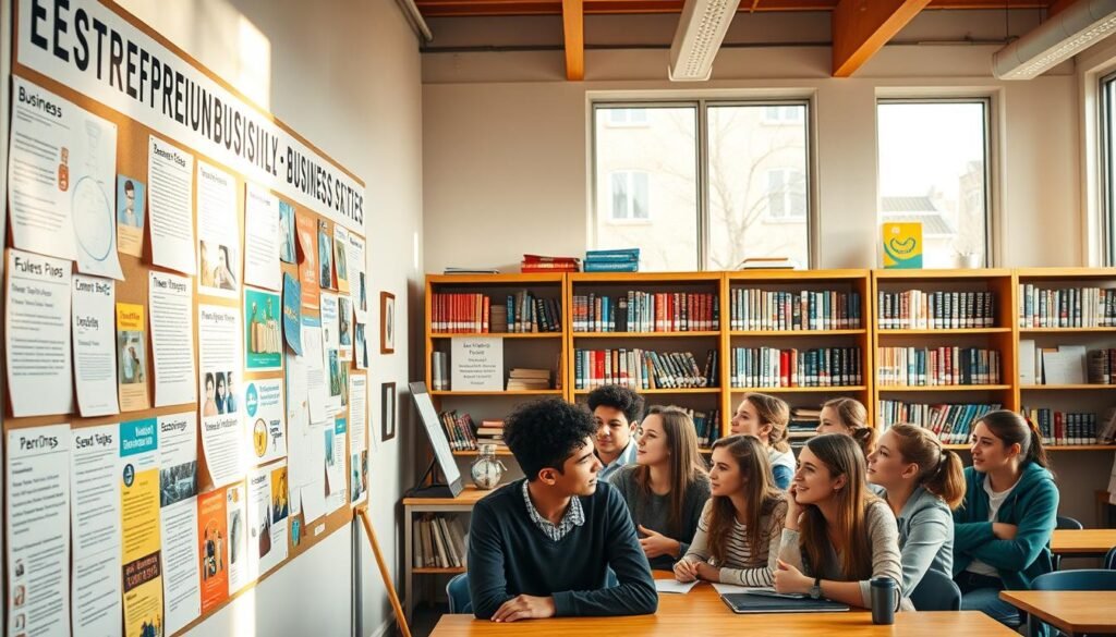 A vibrant collage of entrepreneurial inspiration, captured in a well-lit classroom setting. In the foreground, a display board showcases student-created business plans, prototypes, and success stories, exuding a sense of boundless potential. The middle ground features a group of engaged students, earnestly discussing their venture ideas, faces alight with determination. In the background, shelves brimming with business-themed books and resources serve as a testament to the school's commitment to fostering an entrepreneurial mindset. Soft, natural lighting filters through large windows, casting a warm, inviting glow over the entire scene, conveying a sense of academic rigor and creative energy.