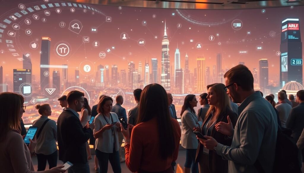 a highly detailed, realistic, cinematic, wide-angle scene of social media interaction and networking, set in a vibrant and modern digital environment. In the foreground, several people are engaged in lively discussions, gesturing animatedly and using various mobile devices. The middle ground features a swirling array of digital elements like icons, data visualizations, and scrolling feeds, conveying the sense of constant activity and connectivity. In the background, a vast, futuristic cityscape with towering skyscrapers and glowing lights creates a sense of scale and technological sophistication. The lighting is soft and diffused, with warm tones and highlights that accentuate the digital aesthetics. The overall mood is one of dynamic, immersive social engagement within a highly advanced technological landscape.