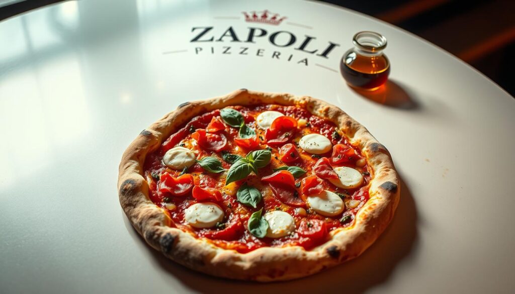 a modern, stylish, and inviting menu for a Neapolitan-style pizzeria, featuring a large wood-fired pizza displayed prominently on a sleek, minimalist background. The pizza has a thin, crisp crust with a slight char around the edges, topped with a rich, vibrant tomato sauce, fresh mozzarella cheese, and a selection of high-quality toppings such as prosciutto, basil leaves, and a drizzle of olive oil. The lighting is warm and atmospheric, creating a cozy and authentic Italian ambiance. The composition emphasizes the craftsmanship and attention to detail in the pizza-making process, reflecting the Zapoli Pizzeria's commitment to traditional Neapolitan techniques and quality ingredients.