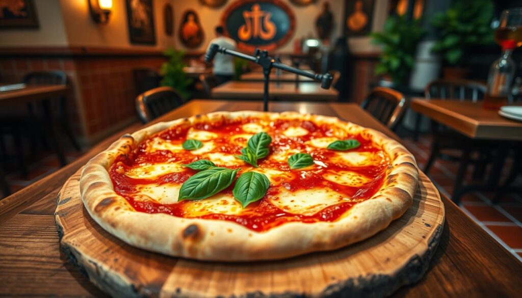 a mouth-watering pizza with a crisp, golden-brown crust and bubbling, gooey mozzarella cheese, topped with vibrant red tomato sauce and fresh, fragrant basil leaves. The pizza is placed on a rustic wooden table, surrounded by a cozy, Italian-inspired setting with warm lighting, terracotta tiles, and wrought-iron accents, evoking the charming ambiance of a traditional Neapolitan pizzeria in the heart of Kemang, Jakarta. The scene is captured with a shallow depth of field, creating a focal point on the delectable pizza and a softly blurred, inviting background.