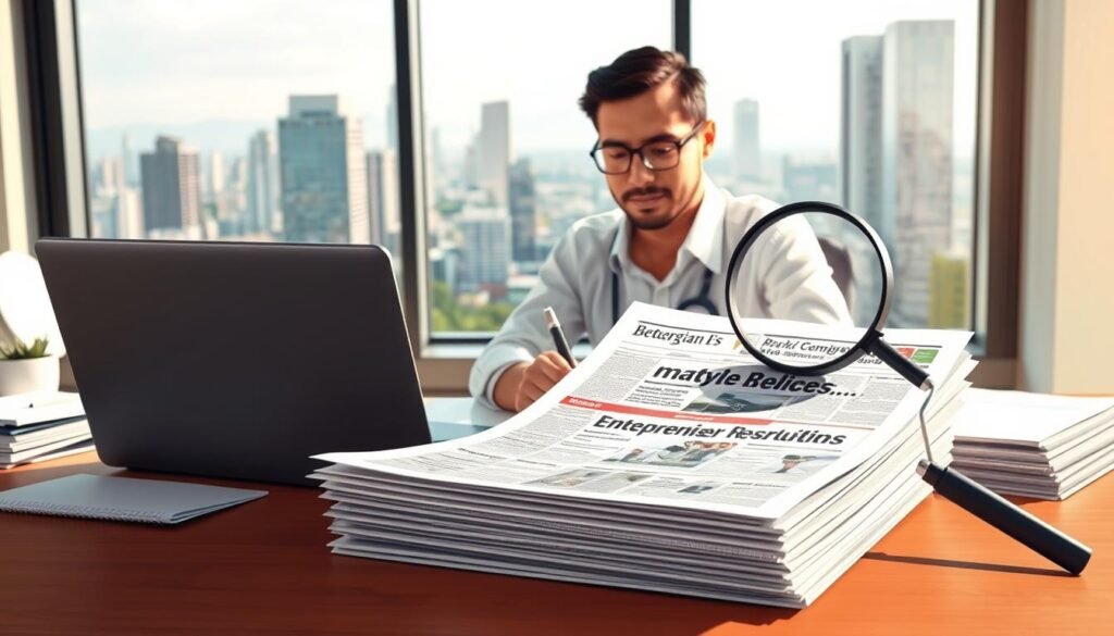 a professional, high-quality, detailed illustration of "analisis kliping kewirausahaan". a well-lit, clean, and organized desk scene with a laptop, various papers, and a magnifying glass. in the foreground, a stack of neatly arranged newspaper clippings with headlines about entrepreneurship. the middle ground features a researcher intently analyzing the clippings, with a focused expression. the background showcases a large, modern window overlooking a bustling cityscape, conveying a sense of productivity and innovation. the lighting is soft and natural, creating a warm, contemplative atmosphere. the overall composition emphasizes the importance of market research and staying up-to-date with entrepreneurial trends.