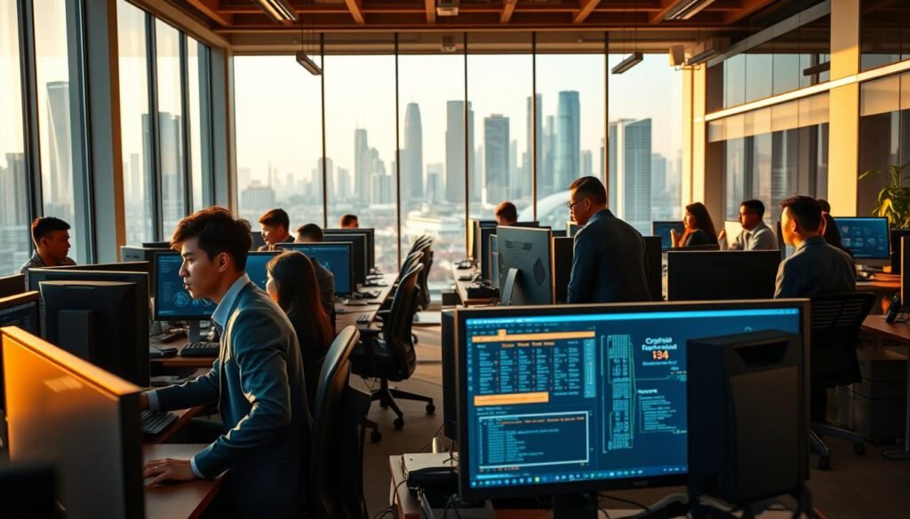 A bustling office scene, illuminated by warm, natural lighting filtering through large windows. In the foreground, professionals in business attire collaborate at computer workstations, their expressions focused as they navigate complex software interfaces. The middle ground reveals a mix of modern tech equipment and ergonomic office furniture, conveying a dynamic, innovative atmosphere. In the background, a skyline of gleaming skyscrapers and high-tech infrastructure symbolizes the thriving Indonesian tech industry and the abundant career opportunities within the computer systems field. The overall scene evokes a sense of professional growth, technical expertise, and the promising future of the computer systems industry in Indonesia.