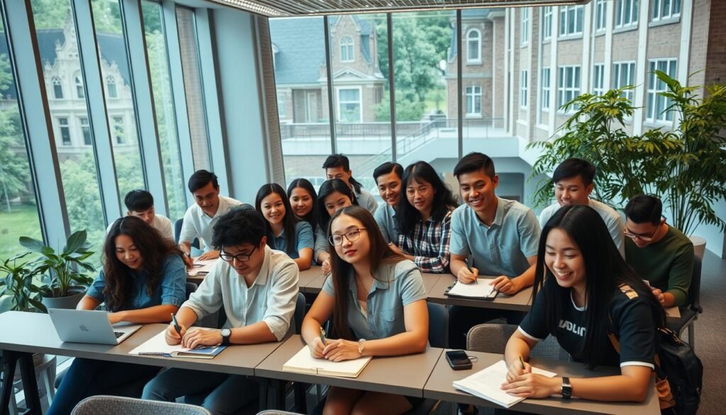 A diverse group of international students studying intently in a modern university classroom. The foreground features a mix of students from various ethnic backgrounds, engaged in lively discussions and collaborations. The middle ground showcases the sleek, well-equipped workspace with large windows allowing natural light to flood the space. In the background, the university's iconic architecture and lush greenery create a serene, welcoming atmosphere. The lighting is soft and diffused, conveying a sense of focus and intellectual pursuit. The angle is slightly elevated, offering a bird's-eye view of the scene, emphasizing the collaborative, inclusive nature of the academic environment.