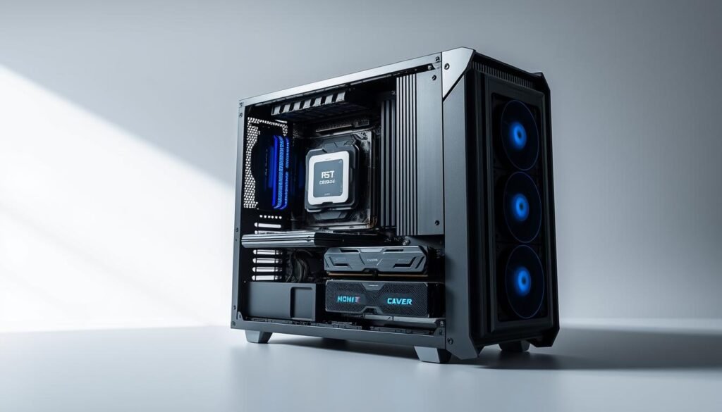 A modern, well-equipped computer system with sleek, metallic components, including a central processing unit, motherboard, RAM modules, and a high-performance graphics card. The system is set against a minimalist, grey background, with subtle blue and white highlights to convey a sense of technological sophistication. Soft, directional lighting from the left side casts gentle shadows, accentuating the depth and texture of the various hardware elements. The overall composition is balanced and visually striking, capturing the essence of a cutting-edge computer system that could be relevant for a wide range of career paths in the digital age.