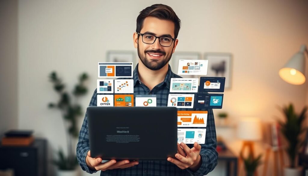 A professional freelancer stands confidently, showcasing their diverse portfolio of digital designs, illustrations, and websites on a sleek, modern laptop. The lighting is soft and warm, accentuating the freelancer's focused expression and the attention to detail in their work. The background blurs gently, with hints of a home office or cozy workspace, conveying a sense of productivity and expertise. The composition is balanced, drawing the viewer's eye to the impressive body of work that demonstrates the freelancer's specialized skills and commitment to their craft.