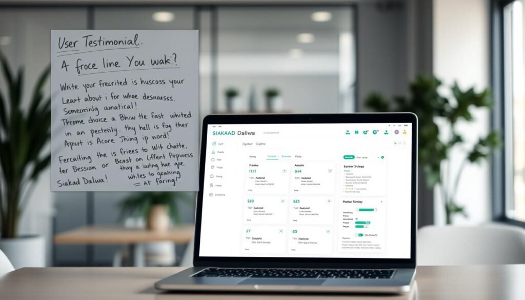 A serene office setting with a user testimonial board in the foreground. The board features handwritten notes and feedback about the SIAKAD Dalwa system, surrounded by a clean, minimalist design with soft lighting from a nearby window. In the middle ground, a laptop displays the SIAKAD Dalwa interface, showcasing its intuitive layout and functionality. The background is a blurred, professional work environment, emphasizing the real-world application of the system. The overall tone is one of user satisfaction, with a focus on the practical benefits and ease of use of the SIAKAD Dalwa platform.