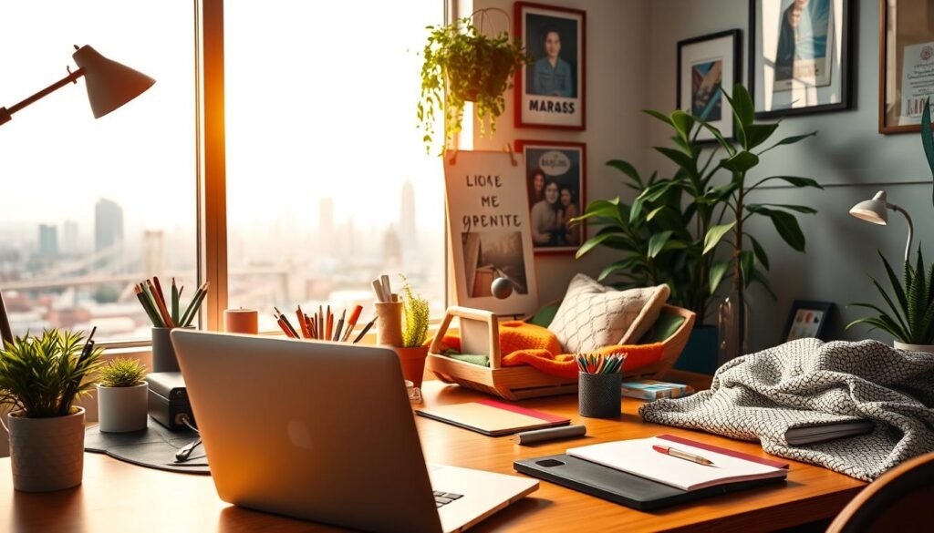 A vibrant and dynamic freelance workstation, captured in a warm, inviting light. In the foreground, a sleek laptop and a neatly organized array of stationery, conveying a sense of professionalism and efficiency. The middle ground features a thoughtfully curated collection of inspirational artwork, plants, and cozy textiles, creating a personalized and creative work environment. The background showcases a softly blurred city skyline, hinting at the global reach and opportunities of the freelance lifestyle. The overall composition exudes a balance of productivity, artistry, and a touch of aspirational sophistication, reflecting the key elements of a successful freelance career.