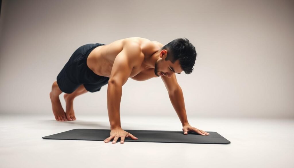 A well-lit and detailed studio photograph of a person performing the basic plank exercise. The foreground shows the individual in perfect plank form, with their body forming a straight line from head to heels, core engaged, and arms supporting their weight. The middle ground provides a clear view of the proper hand and foot positioning. The background is clean and uncluttered, with a neutral color palette that allows the subject to stand out. The lighting is soft and even, accentuating the person's muscular definition and highlighting the perfect plank form. The camera angle is slightly elevated, creating an empowering and inspirational perspective for the viewer.