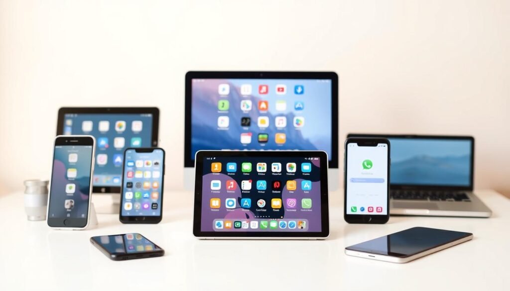 A clean, uncluttered desktop with a variety of mobile devices and laptops in the foreground. The devices display various app icons, representing different cache and digital cleaning applications. The background features a soft, blurred gradient in soothing pastel tones, creating a sense of simplicity and focus. The lighting is soft and even, highlighting the devices and their screens without harsh shadows. The overall composition conveys a sense of organization, efficiency, and thoughtful selection of the right cleaning tools for one's digital devices.