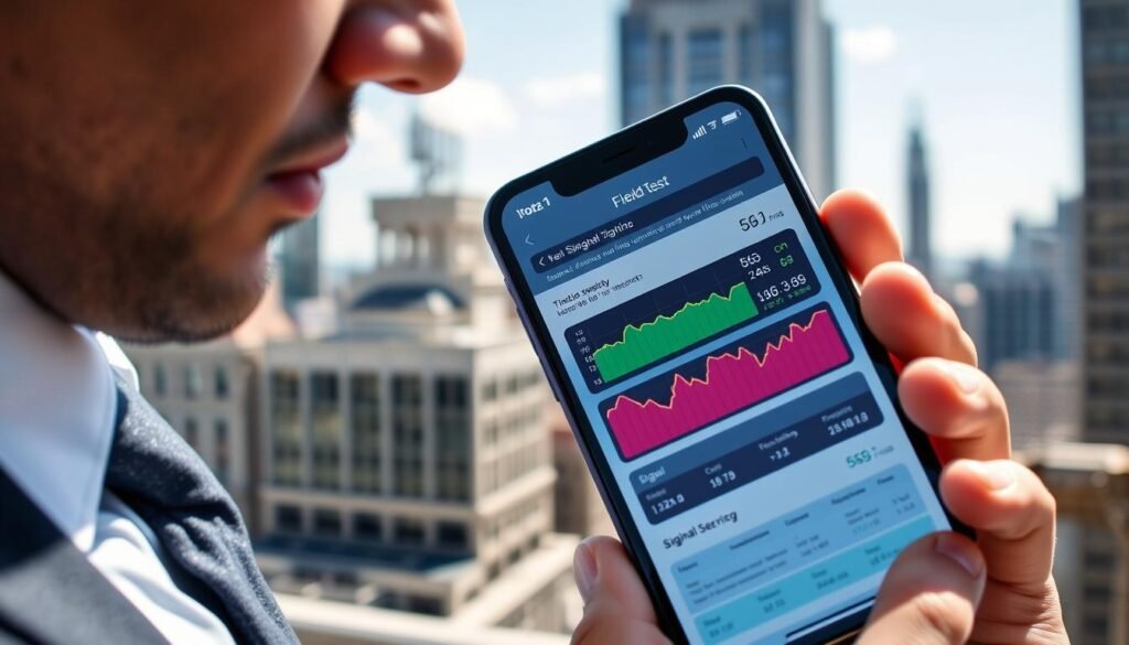 A close-up view of a smartphone displaying a detailed "Field Test" data screen for iOS, with colorful graphs and numeric data visible, indicating 5G signal strength and quality metrics. The smartphone is held by a professional in business attire, with focused attention on the screen. In the background, a cityscape under bright daylight, highlighting urban elements like buildings and antennas. The lighting is natural and vibrant, enhancing the clarity of the display's information. The mood is technical and analytical, with an emphasis on the efficient interpretation of mobile data. The camera angle is slightly tilted, capturing both the device and the environmental context effectively.