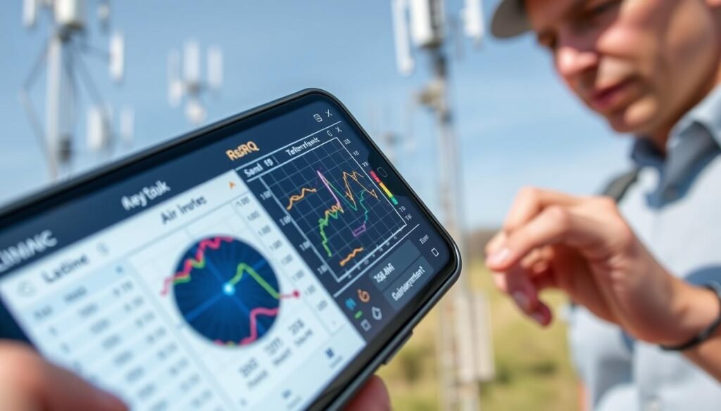 A close-up view of a smartphone screen displaying the "RSRQ" (Reference Signal Received Quality) measurement tools on an iOS interface, surrounded by a professional technician in simple, modest casual clothing analyzing data. The screen shows intricate graphs and signal quality indicators in vibrant colors, with clear focus on detailed numerical values and reference lines. In the background, an outdoor environment with antennas and network equipment is visible, softly blurred to emphasize the foreground. The lighting is natural, giving a clear and crisp view of the screen, suggesting an atmosphere of focus and precision in technical analysis. Capture this moment from an angled perspective to add depth and dynamism to the scene.