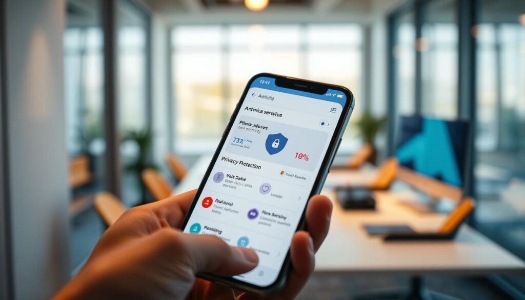 A closeup shot of a modern smartphone displaying an antivirus software interface. The screen shows a clean and intuitive dashboard with real-time security status, malware detection, and privacy protection tools. The phone is held in a minimalist hand grip, against a blurred backdrop of a sleek, high-tech office environment with subtle shadows and warm lighting. The overall mood is one of reassurance and digital well-being, conveying the power and importance of having effective antivirus protection for mobile devices.