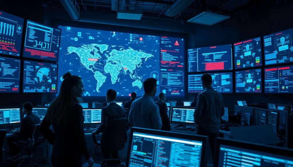 A dramatic visual representation of a large-scale cyber attack, set in a high-tech control room filled with glowing computer screens displaying complex data and network maps. In the foreground, a diverse group of professionals in business attire, including a focused woman analyzing data on a laptop and a man discussing strategies with a colleague, emphasizes urgency and collaboration. In the middle ground, a dynamic montage of digital elements like firewalls, security breaches, and hacker interfaces conveys the chaos of the cyber threat. The background features a dimly lit atmosphere, illuminated by the blue glow of screens and multiple monitors projecting alerts and critical information. The overall mood is tense and urgent, reflecting the seriousness of cyber security concerns.