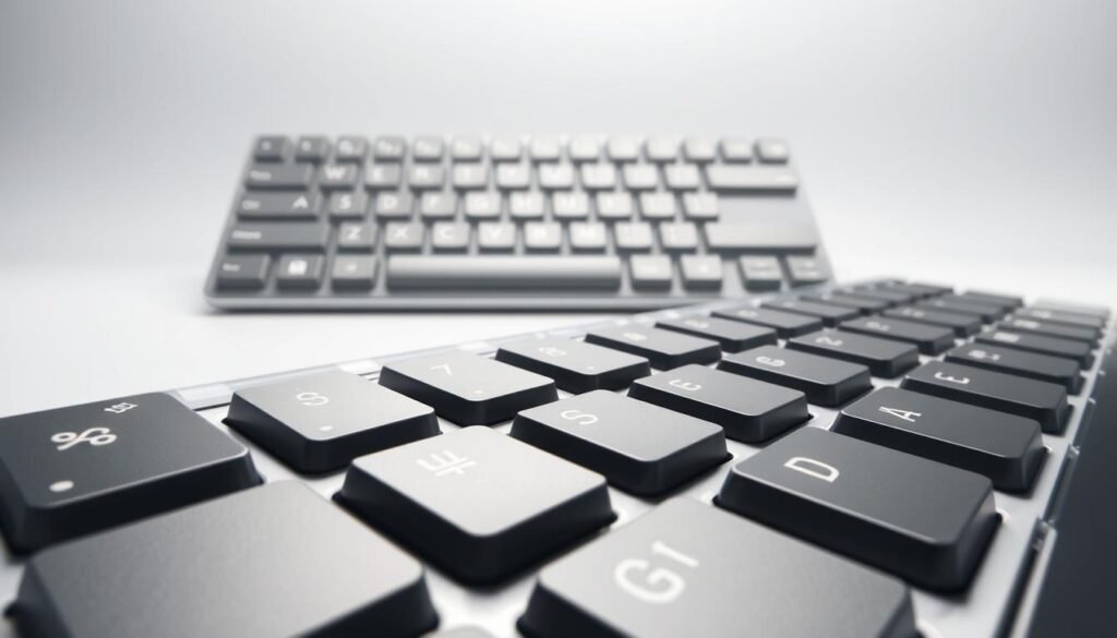 A highly detailed, hyperrealistic digital illustration showcasing the keyboard symbols and numeric keys. The foreground features a close-up view of the keyboard, with the numeric keys and various symbols such as percentage, dollar, and division signs prominently displayed. The middle ground shows the keyboard in its entirety, capturing the various function keys and modifier keys. The background is a minimalist, neutral setting, allowing the keyboard to be the focal point. Crisp, even lighting highlights the textures and reflections of the keys, creating a clean, professional appearance. The overall composition and attention to detail convey the efficiency and speed of accessing these keyboard elements.