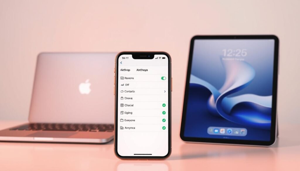 A highly detailed, photo-realistic rendering of three key AirDrop settings. The scene depicts a sleek, modern desktop setup with a MacBook Pro, iPhone, and iPad Pro arranged neatly. The devices are bathed in warm, directional lighting that accentuates their metallic surfaces. In the foreground, the iPhone's AirDrop settings menu is prominently displayed, showcasing the "Receiving Off", "Contacts Only", and "Everyone" options. The middle ground features the iPad Pro mirroring the iPhone's screen, highlighting the seamless file transfer process. The background subtly fades into a minimalist, white-and-gray color scheme, maintaining focus on the core subject matter.