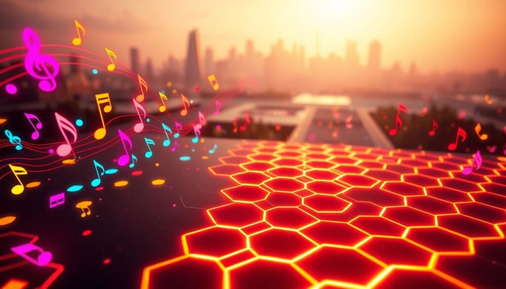 A rhythmic landscape of colorful musical notes and pulsating geometric shapes, backlit by a warm glow. In the foreground, a dynamic dance of treble clefs, eighth notes, and abstract beat visualizers, pulsing to an unseen beat. The middle ground features a grid of interlocking hexagons, their edges flickering with a mesmerizing energy, representing the core rhythm mechanics. In the background, a blurred city skyline fades into the distance, hinting at the broader context of gaming and entertainment. The lighting is soft and directional, casting dramatic shadows that accentuate the sense of movement and rhythm. The overall mood is one of vibrant, accessible creativity - an approachable, lightweight take on the rhythm game genre.