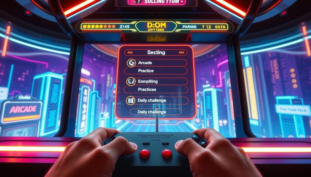 A well-lit arcade-style gaming scene with a retro-inspired visual aesthetic. In the foreground, the player's hands are visible on a classic game controller, engaged in a rhythmic gaming experience. The middle ground showcases the game's user interface, featuring a variety of modes such as arcade, practice, and daily challenge. The background depicts a stylized cityscape with neon lights and digital elements, creating an immersive and futuristic atmosphere. The overall mood is one of excitement and engagement, reflecting the section's focus on the seriousness and appeal of offline rhythm gaming.