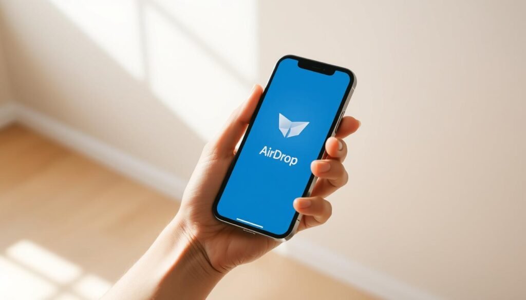 A well-lit, high-resolution image of a hand holding an iPhone, with the AirDrop icon prominently displayed on the screen. The iPhone is positioned in the center of the frame, with a clean, minimalist background that highlights the device. The lighting should be natural and soft, creating a warm, inviting atmosphere. The overall composition should convey a sense of effortless file-sharing and seamless connectivity within the Apple ecosystem.