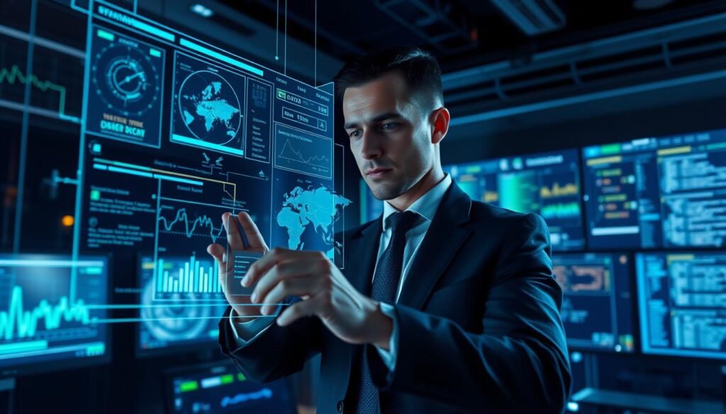 An intricate digital landscape showcasing advanced cyber attack techniques, with a focus on sleek, futuristic visuals. In the foreground, a dynamic holographic interface displaying real-time data analytics and threat maps, illuminated with glowing blue and green accents. In the middle, a professional in a business suit interacts with the hologram, their expression concentrated and focused, embodying precision and expertise. The background features a dark, high-tech environment reminiscent of a modern cybersecurity operations center, with monitors displaying graphs and code, gently lit by ambient light. The atmosphere is tense yet sophisticated, symbolizing the evolution of cyber warfare with a sense of urgency and innovation. The composition should convey a blend of advanced technology and professional dedication, emphasizing the sophisticated nature of modern cyber attack strategies.