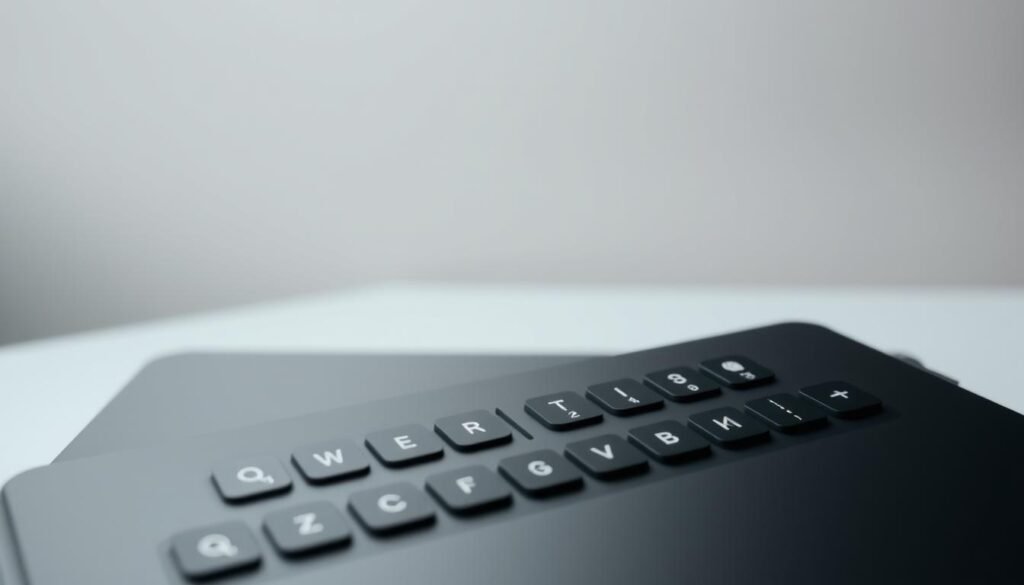 Detailed wide-angle view of a sleek, minimalist Gboard toolbar interface. The toolbar occupies the center foreground, showcasing a clean layout of intuitive icons for gestures, text expansion, and spacing controls. Subtle lighting from above illuminates the matte black surface, creating a sense of depth and highlighting the toolbar's features. The background is a soft, blurred gradient, allowing the toolbar to be the focal point. The overall atmosphere conveys a streamlined, productivity-focused user experience, in line with the article's subject matter.