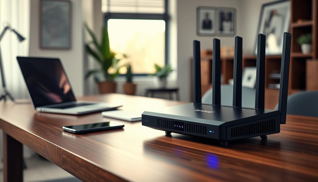 A Synology WRX560 router prominently displayed on a sleek wooden office desk, its modern design showcasing a matte black finish and LED status indicators glowing softly. In the foreground, focus on the router's intricate details, including its multiple antennas and cooling vents. In the midground, set a stylish laptop and a smartphone alongside the router, symbolizing connectivity. The background features a softly lit office environment with minimalistic decor, a plant, and a window with natural light filtering in. Use a shallow depth of field to emphasize the router while blurring the background slightly. The overall mood is professional and inviting, representing an ideal setup for a home or small office space.