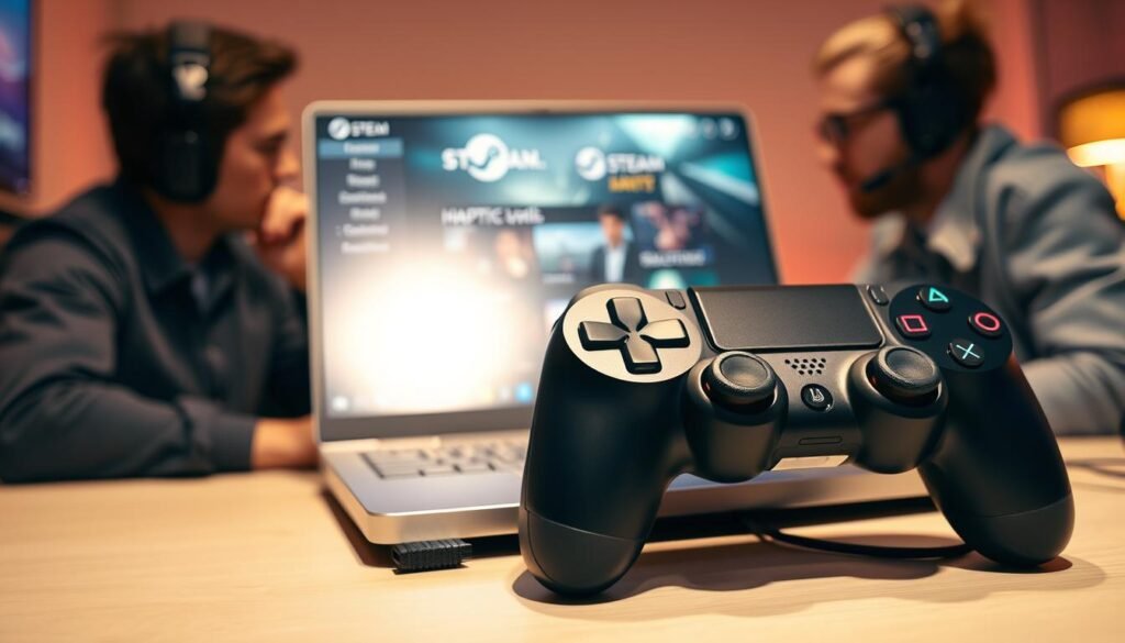 A close-up view of a PC gaming setup showcasing a PlayStation DualSense controller, highlighting its advanced haptic feedback technology. The foreground features the controller with glowing feedback indicators pulsing softly, emphasizing the feeling of immersion. In the middle background, a sleek laptop screen displays the Steam interface, adorned with visual representations of haptic levels. The scene is warmly lit by a soft ambient glow, creating a cozy gaming atmosphere. A pair of professional gamers, dressed in casual yet neat attire, can be seen in the blurred background engaged in intense gameplay, showcasing connectivity through USB. The overall mood is dynamic and engaging, inviting viewers into the immersive world of modern gaming experiences. A close-up view of a PC gaming setup showcasing a PlayStation DualSense controller, highlighting its advanced haptic feedback technology. The foreground features the controller with glowing feedback indicators pulsing softly, emphasizing the feeling of immersion. In the middle background, a sleek laptop screen displays the Steam interface, adorned with visual representations of haptic levels. The scene is warmly lit by a soft ambient glow, creating a cozy gaming atmosphere. A pair of professional gamers, dressed in casual yet neat attire, can be seen in the blurred background engaged in intense gameplay, showcasing connectivity through USB. The overall mood is dynamic and engaging, inviting viewers into the immersive world of modern gaming experiences.