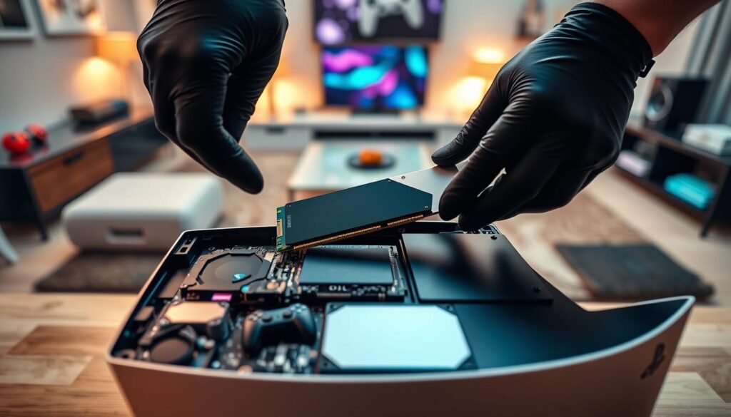 A detailed installation guide for an NVMe SSD in a PlayStation 5, showcasing the SSD being carefully placed into the console. In the foreground, vibrant colors highlight the SSD and the PS5's internal components, emphasizing the sleek design and modern technology. The middle ground focuses on a pair of skilled hands wearing black gloves, demonstrating precision as they handle the parts. The background features a soft blur of a well-lit living room setup with a gaming console, sleek furniture, and gaming accessories, creating a cozy atmosphere. Warm lighting enhances the image, giving a sense of professionalism and focus, reminiscent of a high-tech tutorial environment. The angle is slightly top-down for a clear view of the installation process. A detailed installation guide for an NVMe SSD in a PlayStation 5, showcasing the SSD being carefully placed into the console. In the foreground, vibrant colors highlight the SSD and the PS5's internal components, emphasizing the sleek design and modern technology. The middle ground focuses on a pair of skilled hands wearing black gloves, demonstrating precision as they handle the parts. The background features a soft blur of a well-lit living room setup with a gaming console, sleek furniture, and gaming accessories, creating a cozy atmosphere. Warm lighting enhances the image, giving a sense of professionalism and focus, reminiscent of a high-tech tutorial environment. The angle is slightly top-down for a clear view of the installation process.
