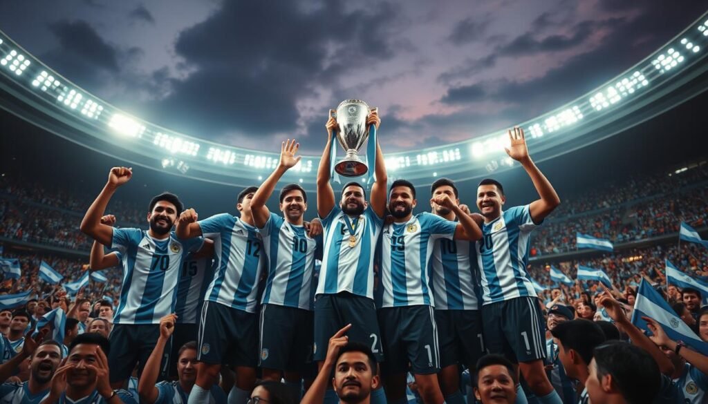 A dramatic scene depicting the Argentine national football team celebrating their status as defending world champions, set in a grand stadium filled with passionate fans. In the foreground, a diverse group of players in striking blue and white striped jerseys triumphantly lifting the FIFA World Cup trophy, their faces displaying a mix of pride and determination. In the middle, a lively crowd with flags and banners in the team's colors, creating an electric atmosphere. The background features bright stadium lights illuminating the jubilant celebration against a twilight sky. The mood is energetic and inspirational, showcasing the spirit of a champion team. Use a low-angle shot to emphasize the height of the players and the trophy. Soft spotlighting enhances the scene's focus on the heroes of the moment. A dramatic scene depicting the Argentine national football team celebrating their status as defending world champions, set in a grand stadium filled with passionate fans. In the foreground, a diverse group of players in striking blue and white striped jerseys triumphantly lifting the FIFA World Cup trophy, their faces displaying a mix of pride and determination. In the middle, a lively crowd with flags and banners in the team's colors, creating an electric atmosphere. The background features bright stadium lights illuminating the jubilant celebration against a twilight sky. The mood is energetic and inspirational, showcasing the spirit of a champion team. Use a low-angle shot to emphasize the height of the players and the trophy. Soft spotlighting enhances the scene's focus on the heroes of the moment.
