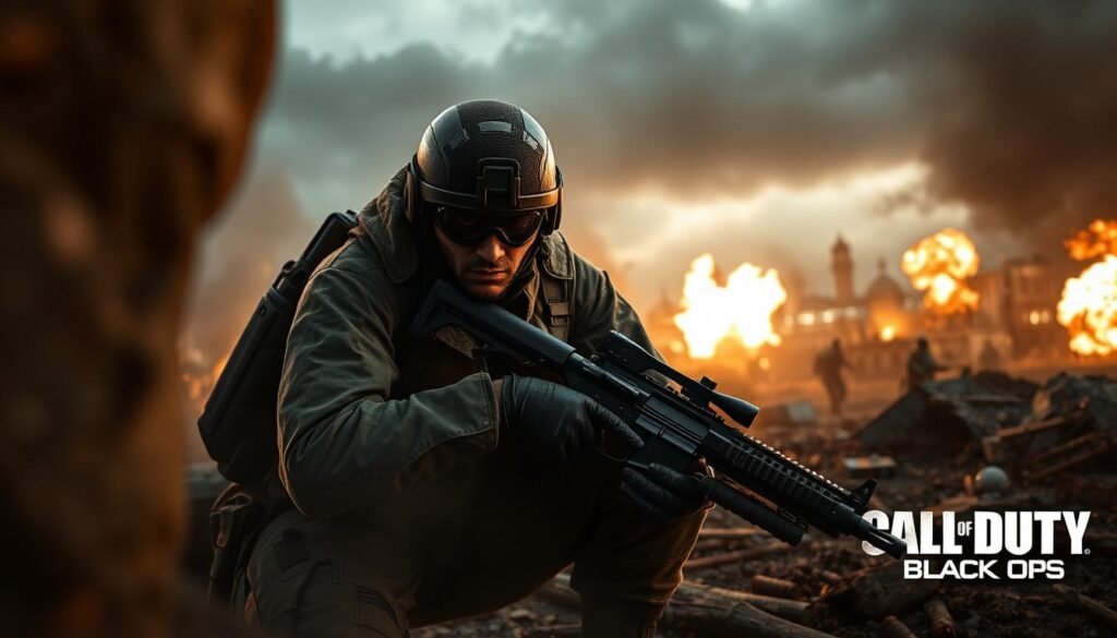 A dynamic scene inspired by "Call of Duty: Black Ops," featuring a tactical soldier in a modern combat environment. In the foreground, the soldier is crouched behind cover, wearing realistic military gear and holding a weapon, with an intense, focused expression. The middle ground reveals a battlefield with explosive action, smoke, and debris, showcasing a sense of urgency and strategy. The background includes a distant silhouette of a war-torn city with dramatic lighting from explosions, casting a moody atmosphere. The image should be captured from a low angle, enhancing the soldier’s heroic stance, with a cinematic lens effect to evoke a thrilling, immersive experience. Aim for a gritty, realistic style, highlighting the adrenaline of gaming. A dynamic scene inspired by "Call of Duty: Black Ops," featuring a tactical soldier in a modern combat environment. In the foreground, the soldier is crouched behind cover, wearing realistic military gear and holding a weapon, with an intense, focused expression. The middle ground reveals a battlefield with explosive action, smoke, and debris, showcasing a sense of urgency and strategy. The background includes a distant silhouette of a war-torn city with dramatic lighting from explosions, casting a moody atmosphere. The image should be captured from a low angle, enhancing the soldier’s heroic stance, with a cinematic lens effect to evoke a thrilling, immersive experience. Aim for a gritty, realistic style, highlighting the adrenaline of gaming.