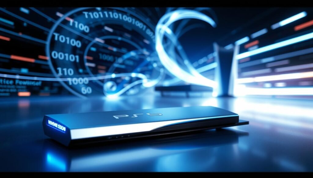 A futuristic scene showcasing the technology behind the PS5's fast loading SSD. In the foreground, a close-up of a sleek NVMe SSD, its metallic casing gleaming under soft blue LED lighting. In the middle, an abstract representation of data transfer, with swirling digital lines and glowing binary code, symbolizing speed and efficiency. The background features a blurred silhouette of a PS5 console, highlighted with dynamic light streaks that suggest rapid movement. The overall atmosphere is high-tech and invigorating, emphasizing innovation and performance. The image is well-lit with a focus on the SSD, creating a professional and modern vibe without any text or distractions. A futuristic scene showcasing the technology behind the PS5's fast loading SSD. In the foreground, a close-up of a sleek NVMe SSD, its metallic casing gleaming under soft blue LED lighting. In the middle, an abstract representation of data transfer, with swirling digital lines and glowing binary code, symbolizing speed and efficiency. The background features a blurred silhouette of a PS5 console, highlighted with dynamic light streaks that suggest rapid movement. The overall atmosphere is high-tech and invigorating, emphasizing innovation and performance. The image is well-lit with a focus on the SSD, creating a professional and modern vibe without any text or distractions.