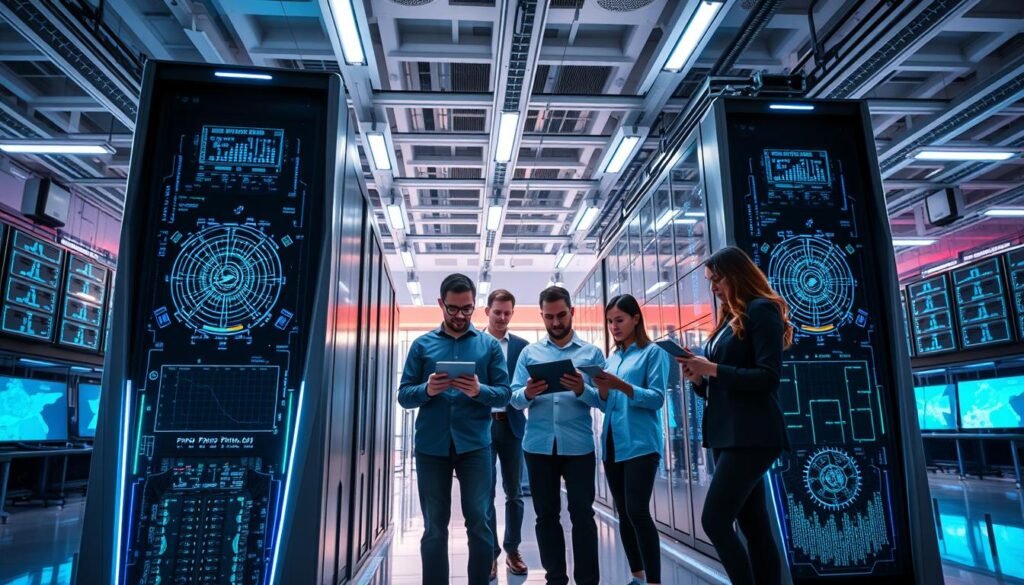 A futuristic supercomputer, named Opta, showcased prominently in the foreground, with sleek, angular designs and glowing lights. Its panels display intricate data visualizations and algorithms in blue and green hues. The middle ground features engineers in professional attire, focused on analyzing the supercomputer's performance metrics on digital tablets. They represent a diverse group of professionals, including men and women of various ethnicities. The background is a modern, high-tech laboratory filled with screens, servers, and ambient lighting that adds a sophisticated atmosphere. Soft, strategic lighting highlights the supercomputer and the engineers, creating a productive and innovative mood. The camera angle captures the scene slightly from below to emphasize the grandeur of the supercomputer while providing a dynamic view of the collaborative analysis taking place. A futuristic supercomputer, named Opta, showcased prominently in the foreground, with sleek, angular designs and glowing lights. Its panels display intricate data visualizations and algorithms in blue and green hues. The middle ground features engineers in professional attire, focused on analyzing the supercomputer's performance metrics on digital tablets. They represent a diverse group of professionals, including men and women of various ethnicities. The background is a modern, high-tech laboratory filled with screens, servers, and ambient lighting that adds a sophisticated atmosphere. Soft, strategic lighting highlights the supercomputer and the engineers, creating a productive and innovative mood. The camera angle captures the scene slightly from below to emphasize the grandeur of the supercomputer while providing a dynamic view of the collaborative analysis taking place.