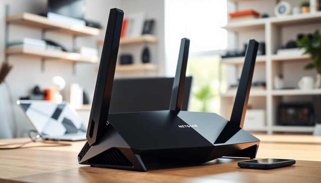 A sleek and modern Netgear Nighthawk RAXE500 WiFi 6E router positioned prominently in the foreground, showcasing its angular design and distinctive LED indicators. The router's glossy black finish reflects ambient light, creating a high-tech atmosphere. In the middle, display a blurred tech workspace with a laptop, smartphone, and cable neatly arranged, enhancing the narrative of a connected home or small office. The background features soft-focus shelves lined with electronic devices and smart home gadgets, hinting at a modern lifestyle. Use bright, natural lighting to evoke a sense of efficiency and performance, ensuring a sharp, dynamic angle that highlights the sophistication of the router.