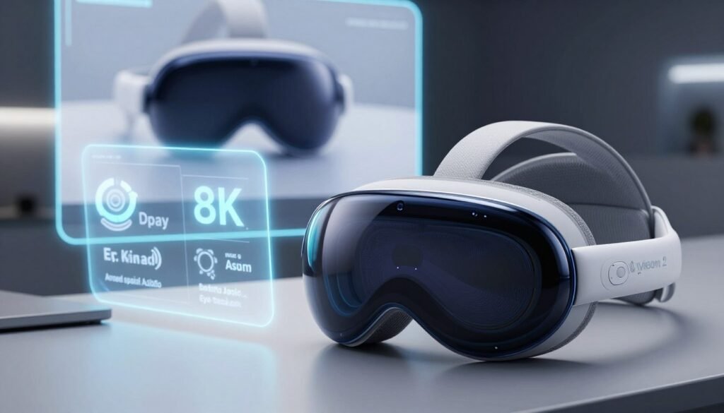 A sleek and modern design concept for the Apple Vision Pro 2, showcasing its advanced specifications and cutting-edge technology. In the foreground, a close-up view of the headset’s intricate details, including high-resolution displays, intuitive touch controls, and adaptive sensors that highlight its state-of-the-art features. The middle ground features a stylish, minimalist workspace with a glowing holographic interface displaying key specifications such as 8K display, advanced spatial audio, and eye-tracking capabilities. In the background, an abstract representation of augmented reality, with soft, diffused lighting emphasizing a high-tech ambiance. The overall mood is futuristic and innovative, capturing the essence of a groundbreaking technology product. Focus on clarity and visual appeal, avoiding any text or branding elements. A sleek and modern design concept for the Apple Vision Pro 2, showcasing its advanced specifications and cutting-edge technology. In the foreground, a close-up view of the headset’s intricate details, including high-resolution displays, intuitive touch controls, and adaptive sensors that highlight its state-of-the-art features. The middle ground features a stylish, minimalist workspace with a glowing holographic interface displaying key specifications such as 8K display, advanced spatial audio, and eye-tracking capabilities. In the background, an abstract representation of augmented reality, with soft, diffused lighting emphasizing a high-tech ambiance. The overall mood is futuristic and innovative, capturing the essence of a groundbreaking technology product. Focus on clarity and visual appeal, avoiding any text or branding elements.