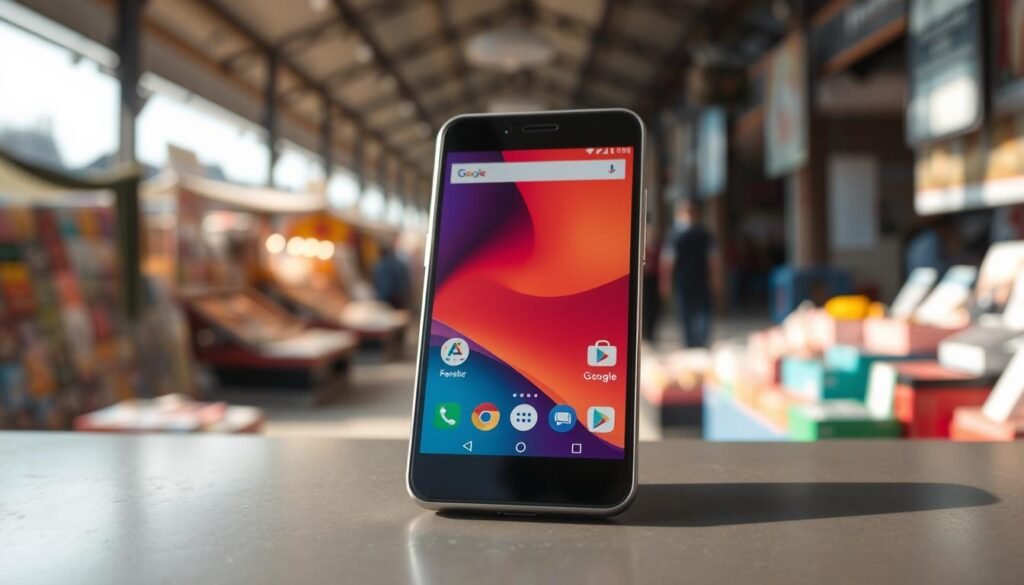A sleek, modern Android One Pasar smartphone is displayed prominently in the foreground, showcasing its smooth surface and vibrant screen. The device is angled slightly to reveal its slim profile and chic design, which features a glossy finish. In the middle ground, a blurred out bustling street market scene symbolizes the competitive entry-level smartphone market, filled with various brands' products in colorful stalls. The background shows subtle hints of urban architecture, indicating a lively market atmosphere under bright daylight. The image captures a sense of excitement and innovation in the smartphone industry. The lighting is bright and natural, emphasizing the smartphone's features, with a subtle depth of field effect to keep the focus on the device while hinting at the surrounding competition.
