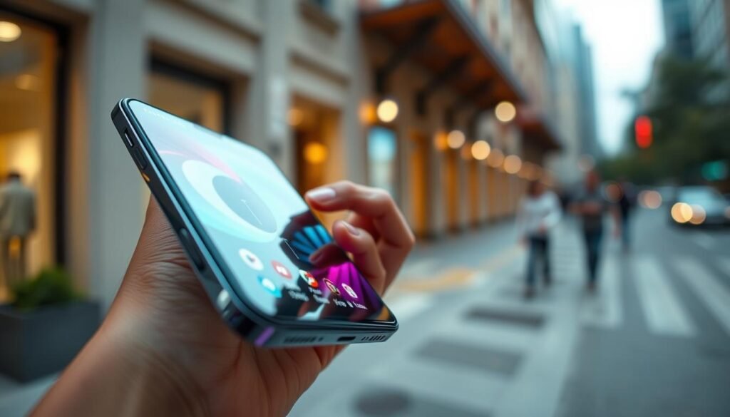 A sleek modern smartphone with a vibrant LTPO 2.0 display, showcasing its adaptive refresh rate technology. In the foreground, capture the smartphone angled towards the viewer, highlighting the clarity and brightness of the screen, possibly with dynamic app interfaces visible. In the middle ground, include a close-up of a user’s hand gently scrolling through digital content, showcasing smooth scrolling and responsiveness. The background features a softly blurred urban environment, illustrating everyday use. Use soft, natural lighting to enhance colors and details, creating an inviting atmosphere. The angle should be slightly above eye level to emphasize the screen's depth and resolution, portraying advanced technology in daily life. A sleek modern smartphone with a vibrant LTPO 2.0 display, showcasing its adaptive refresh rate technology. In the foreground, capture the smartphone angled towards the viewer, highlighting the clarity and brightness of the screen, possibly with dynamic app interfaces visible. In the middle ground, include a close-up of a user’s hand gently scrolling through digital content, showcasing smooth scrolling and responsiveness. The background features a softly blurred urban environment, illustrating everyday use. Use soft, natural lighting to enhance colors and details, creating an inviting atmosphere. The angle should be slightly above eye level to emphasize the screen's depth and resolution, portraying advanced technology in daily life.