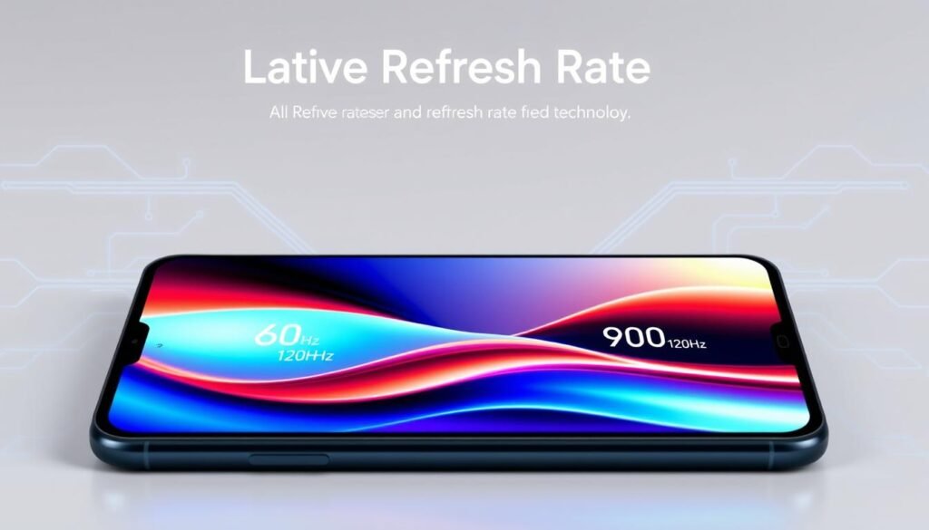 A sleek smartphone displaying various refresh rate metrics on its screen, surrounded by abstract graphics representing adaptive refresh rate technology. The foreground features the detailed smartphone with a vibrant, high-resolution display illustrating a smooth transition between different refresh rates—60Hz, 90Hz, and 120Hz. In the middle, dynamic lines and waves signify fluid motion, emphasizing responsiveness and clarity. The background fades into a soft gradient, suggesting a tech-savvy atmosphere, with faint circuit patterns hinting at advanced technology like LTPO 2.0. The lighting is bright and even, highlighting the smartphone’s features in a clear, professional manner. Capture the mood of innovation and efficiency without any text or distractions. A sleek smartphone displaying various refresh rate metrics on its screen, surrounded by abstract graphics representing adaptive refresh rate technology. The foreground features the detailed smartphone with a vibrant, high-resolution display illustrating a smooth transition between different refresh rates—60Hz, 90Hz, and 120Hz. In the middle, dynamic lines and waves signify fluid motion, emphasizing responsiveness and clarity. The background fades into a soft gradient, suggesting a tech-savvy atmosphere, with faint circuit patterns hinting at advanced technology like LTPO 2.0. The lighting is bright and even, highlighting the smartphone’s features in a clear, professional manner. Capture the mood of innovation and efficiency without any text or distractions.