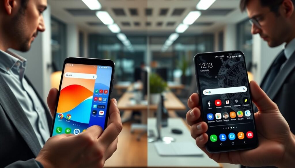 A split-screen comparison of two smartphone interfaces: on the left, a sleek and minimalistic Pixel UI, showcasing its efficient layout and vibrant colors, emphasizing simplicity and ease of use; on the right, the more complex and richly customizable Samsung One UI 6.1, featuring a variety of widgets, deep color themes, and intricate designs. The foreground should highlight the smartphones held by professionals in business attire, engaged in discussion, while the middle layer presents the interfaces prominently. In the background, a tech-inspired workspace with subtle lighting, soft focus on modern desks and tech paraphernalia, creating a professional atmosphere. The perspective should slightly tilt down, enhancing the contrast between the two styles, conveying the theme of customization versus simplicity. A split-screen comparison of two smartphone interfaces: on the left, a sleek and minimalistic Pixel UI, showcasing its efficient layout and vibrant colors, emphasizing simplicity and ease of use; on the right, the more complex and richly customizable Samsung One UI 6.1, featuring a variety of widgets, deep color themes, and intricate designs. The foreground should highlight the smartphones held by professionals in business attire, engaged in discussion, while the middle layer presents the interfaces prominently. In the background, a tech-inspired workspace with subtle lighting, soft focus on modern desks and tech paraphernalia, creating a professional atmosphere. The perspective should slightly tilt down, enhancing the contrast between the two styles, conveying the theme of customization versus simplicity.